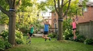 Weather-resistant buckles and straps on a backyard ninja warrior obstacle course kit designed for outdoor play.