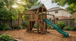 Weather-treated wooden climbing frame with slide built to withstand changing Canadian climate conditions.