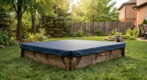 Elastic-edged sandbox cover fitting snugly over a square sandbox to keep roaming animals out.