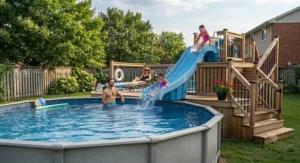 A family-friendly backyard swimming pool featuring a safe standalone slide for summer fun.