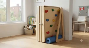 A compact and foldable freestanding climbing wall for kids neatly stored away in a Canadian apartment playroom.