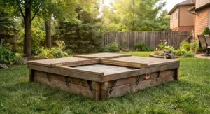 Folding wooden sandbox cover panels providing an easy way to keep animals out and protect sand.
