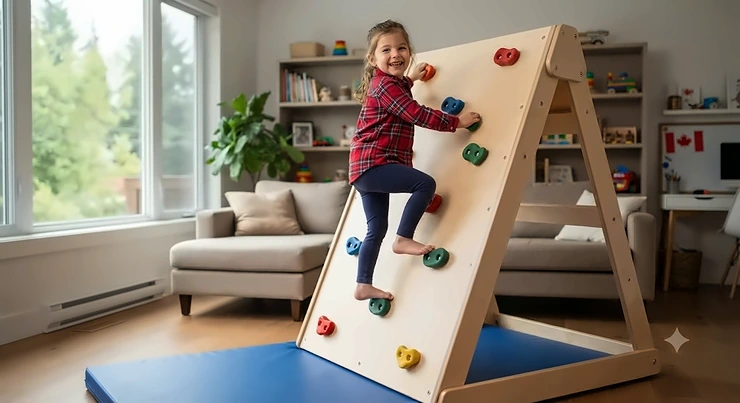 A smiling Canadian child safely climbing a sturdy wooden freestanding climbing wall for kids set up in a bright, modern living room.