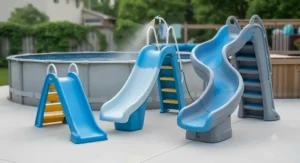 Various freestanding slide models suitable for residential above-ground pools.