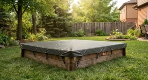 Heavy-duty waterproof sandbox tarp cover securing a backyard sandbox against raccoons and debris.