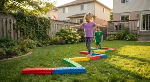 Interlocking colourful pieces of a balance beam for kids outdoor play arranged in a zigzag pattern.