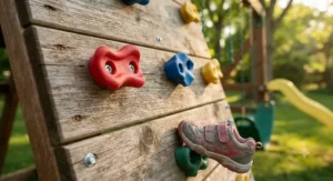 Close-up of vibrant plastic rock climbing holds mounted on a backyard swing set combo