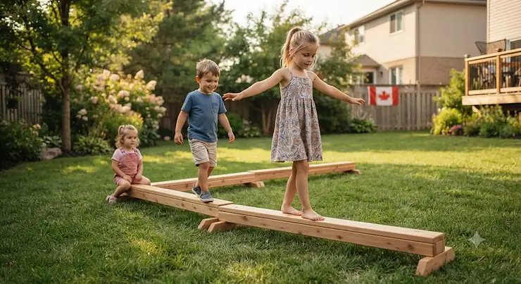 Children playing with a wooden balance beam for kids outdoor play on a sunny backyard lawn in Canada.