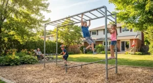 Children playing safely on metal backyard monkey bars during a sunny afternoon in Canada
