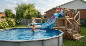 Children enjoying a standalone slide attached to a secure above-ground pool deck.