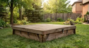 Locking sandbox lid and cover keeping sand clean and safe from outdoor pets and stray animals.