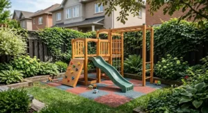 Modular wooden jungle gym with an integrated rock climbing wall configured for a small yard.