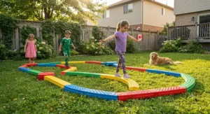An adjustable modular balance beam for kids outdoor play set up as a backyard obstacle course on grass.