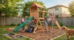 Family assembling a modular wooden climbing frame with slide for their backyard playground.