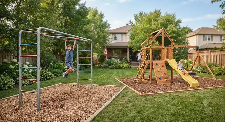 A Canadian backyard featuring a comparison of monkey bars and a wooden climbing frame for kids monkey bars vs climbing frame for backyard