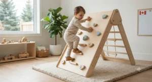 Montessori-inspired wooden freestanding climbing wall for kids encouraging active play and independent movement indoors.