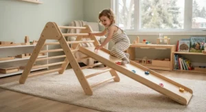 Montessori-inspired wooden climbing frame with reversible slide and ramp for developmental motor skills.