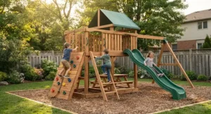 Multifunctional wooden climbing frame with slide featuring rock-climbing holds and a wooden ladder for active play.