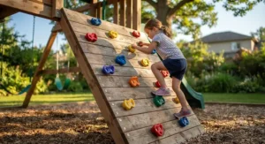 Assorted multi-coloured rock climbing holds arranged on a wooden backyard climbing ramp