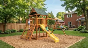 A backyard climbing frame equipped with a slide, rock-climbing wall, and swings for Canadian families
