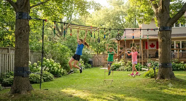Children enjoying a backyard ninja warrior obstacle course kit set up between trees in a Canadian garden. ninja warrior obstacle course kit for backyard