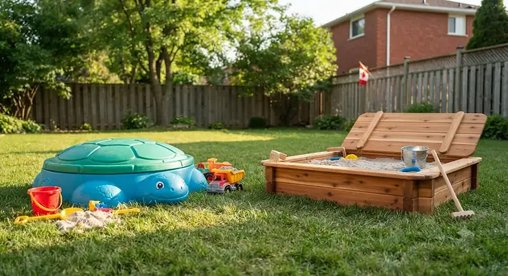 Comparison of a colorful plastic sandbox and a wooden sandbox in a Canadian backyard during summer. plastic sandbox vs wooden sandbox for toddlers