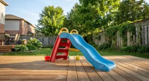 A portable backyard slide for toddlers positioned safely on a wooden patio deck.