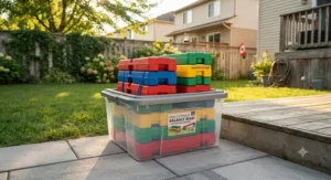 A compact and portable balance beam for kids outdoor play packed neatly for backyard storage.