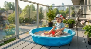 A lightweight, portable plastic sandbox suitable for small patios or balconies in Canadian homes.