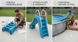 Step-by-step installation of a portable standalone slide for an above-ground swimming pool.