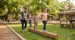Preschool children developing motor skills using a balance beam for kids outdoor play in a schoolyard.