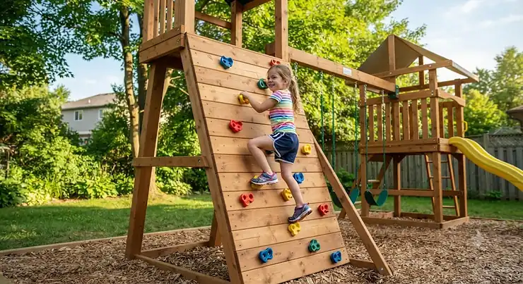 Colorful rock climbing holds installed on a backyard playset for kids in Canada rock climbing holds for kids playset