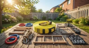 Safety landing pad placed underneath a backyard ninja warrior obstacle course kit on soft grass.