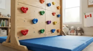 Close-up view of vibrant colorful holds on a safe freestanding climbing wall for kids with thick safety padding underneath.