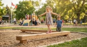 A low-to-the-ground safety balance beam for kids outdoor play on a soft mulch playground surface.