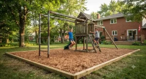 Wood mulch safety surfacing installed beneath backyard monkey bars and climbing frames to meet Canadian safety standards