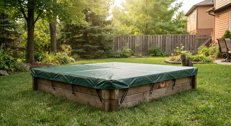 Durable sandbox cover to keep neighborhood animals and cats out of a backyard wooden sandbox in Canada.