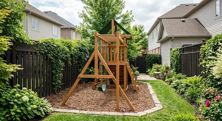 Space-saving jungle gym featuring double swings and a climbing ladder in a narrow townhome yard. jungle gym for small backyards