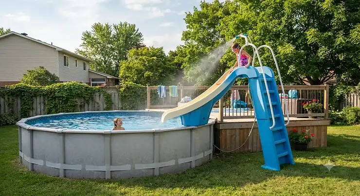 A standalone slide set up next to an above-ground pool in a Canadian backyard during summer.