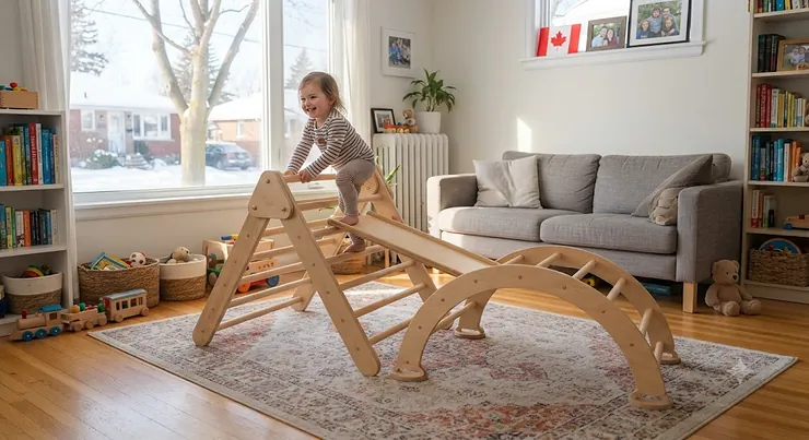 A wooden toddler climbing frame set up in a bright Canadian living room, priced under $300 CAD.climbing frames under $300 CAD for toddlers