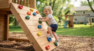 Ergonomic rock climbing holds sized perfectly for small hands on a beginner playset