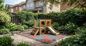Low-profile toddler jungle gym set up on soft rubber safety tiles in a small backyard urban patio.