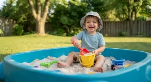 A toddler playing safely in a durable plastic sandbox on a sunny day in Canada.