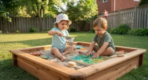 Toddlers engaging in sensory play inside a safe, treated wooden sandbox.