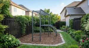 Rust-resistant metal jungle gym built to withstand Canadian winters in a small backyard.