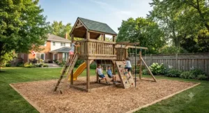 A sturdy wooden climbing frame set up in a suburban Canadian backyard for outdoor play