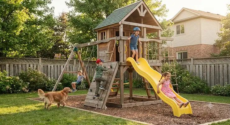 Children playing safely on a sturdy wooden climbing frame with slide in a sunny Canadian backyard.