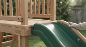 Close-up view highlighting the safety rails and non-toxic finish on a premium wooden climbing frame with slide.