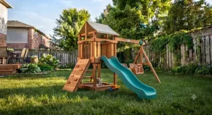 A safe wooden play structure featuring a gentle backyard slide for toddlers.