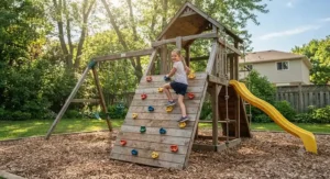 Wooden outdoor playset featuring a rock climbing wall with textured grips for children